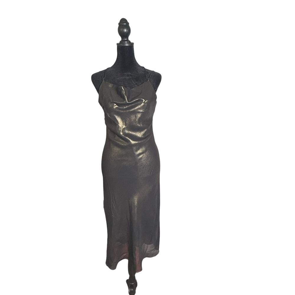 Jonathan Martin Black Gold Metallic Slip Dress Size M Cowl Neck Cocktail Shimmer